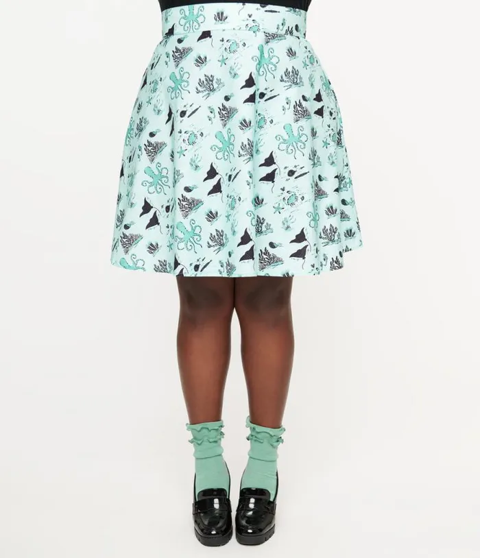 Retrolicious Plus Size 1950s Teal Sea Print Cotton Skater Skirt DressesClothingPlus Unique Vintage Skirts