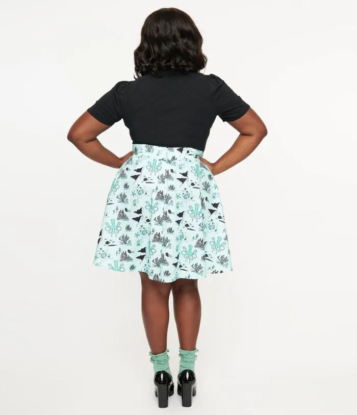 Retrolicious Plus Size 1950s Teal Sea Print Cotton Skater Skirt DressesClothingPlus Unique Vintage Skirts