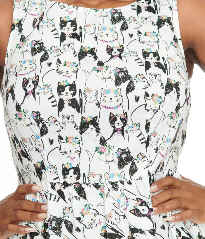 Retrolicious Plus Size 1950s White Cat Party Crown Print Cotton Swing Dress DressesPlus Unique Vintage Pocket Dresses