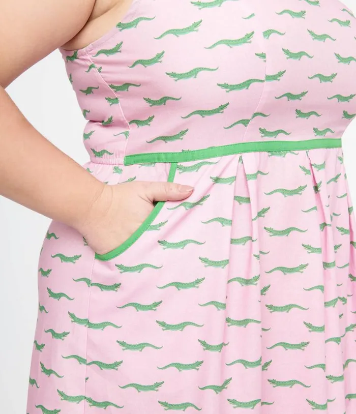 Retrolicious Plus Size 1960s Pink and Green Alligator Fit and Flare Cotton Dress DressesPlus Unique Vintage Pocket Dresses