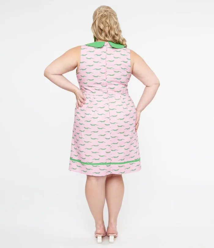Retrolicious Plus Size 1960s Pink and Green Alligator Fit and Flare Cotton Dress DressesPlus Unique Vintage Pocket Dresses