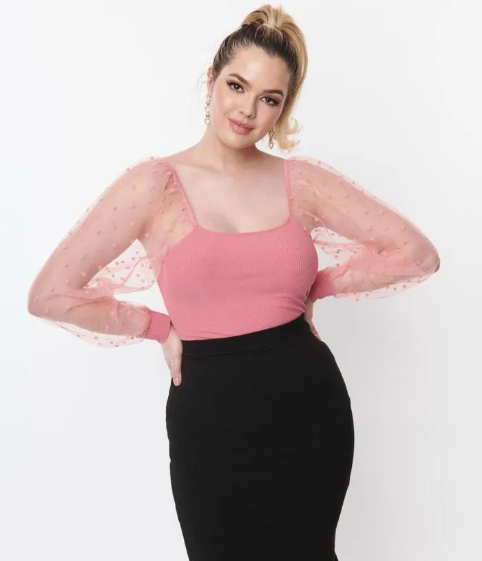 Rose Pink Dot Mesh Delilah Blouse Clothing Unique Vintage Blouses