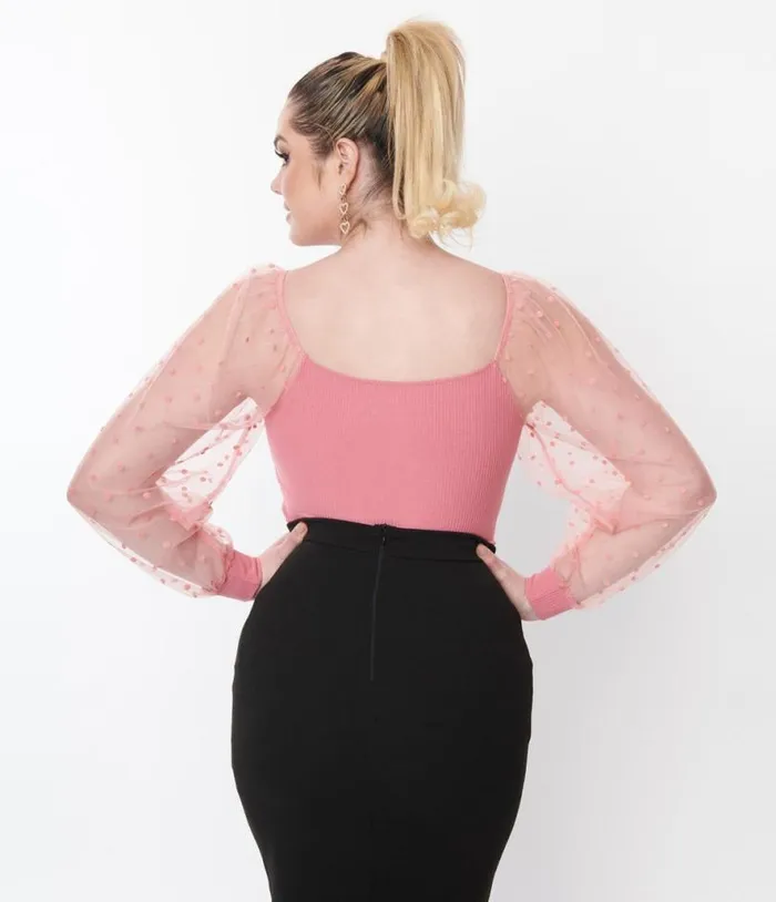 Rose Pink Dot Mesh Delilah Blouse Clothing Unique Vintage Blouses