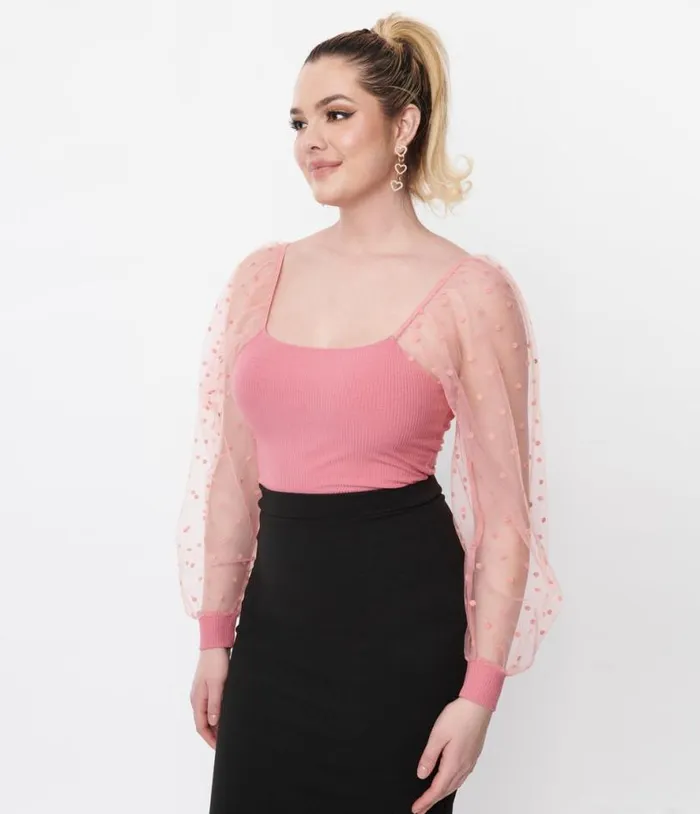 Rose Pink Dot Mesh Delilah Blouse Clothing Unique Vintage Blouses