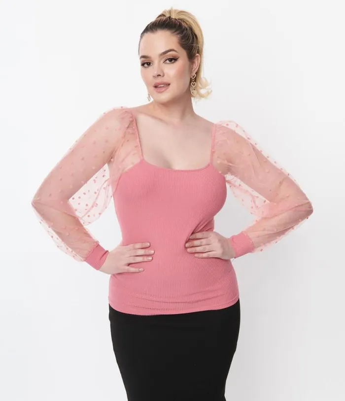 Rose Pink Dot Mesh Delilah Blouse Clothing Unique Vintage Blouses