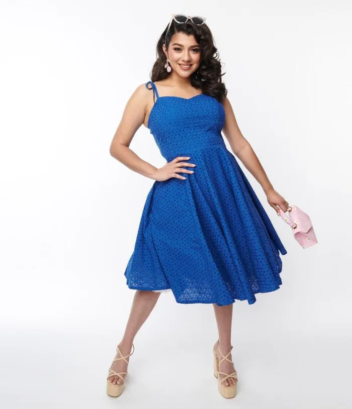Royal Blue Eyelet Swing Sundress DressesPlus Unique Vintage Pocket Dresses