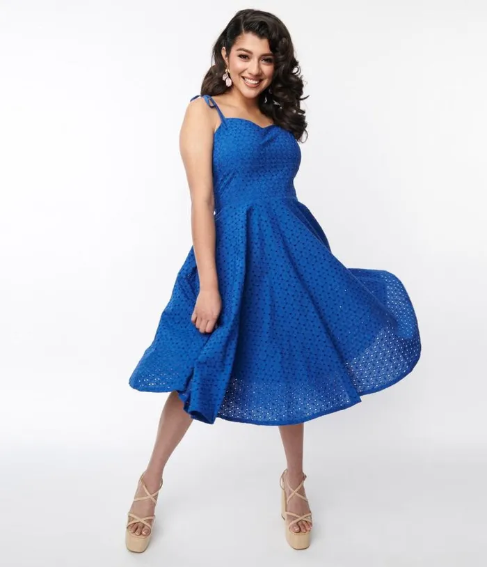 Royal Blue Eyelet Swing Sundress DressesPlus Unique Vintage Pocket Dresses