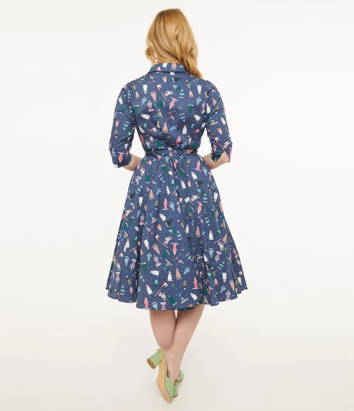 Royal Monk 1940s Blue Ski Snow Season Fit and Flare Dress Dresses Unique Vintage Pocket Dresses