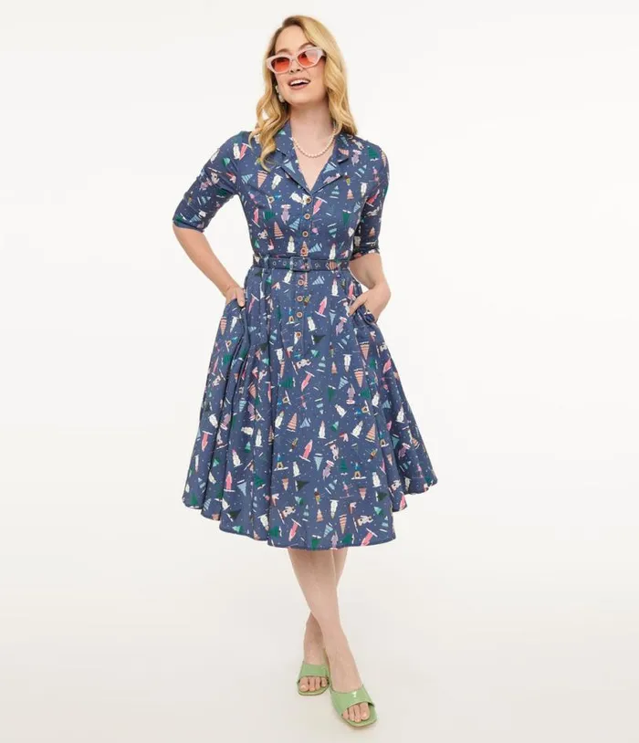 Royal Monk 1940s Blue Ski Snow Season Fit and Flare Dress Dresses Unique Vintage Pocket Dresses