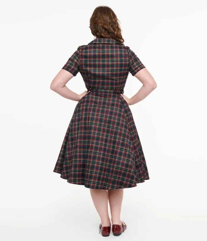 Royal Monk 1950s Green and Red Plaid Merry Holidays Swing Dress Dresses Unique Vintage Pocket Dresses