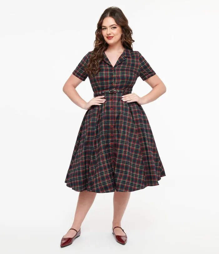 Royal Monk 1950s Green and Red Plaid Merry Holidays Swing Dress Dresses Unique Vintage Pocket Dresses