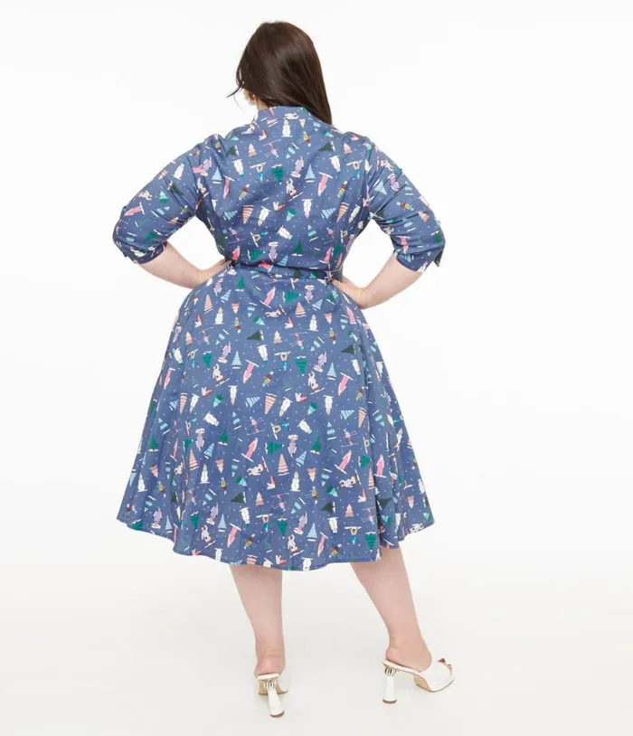 Royal Monk Plus Size 1940s Blue Ski Snow Season Fit and Flare Dress DressesPlus Unique Vintage Pocket Dresses