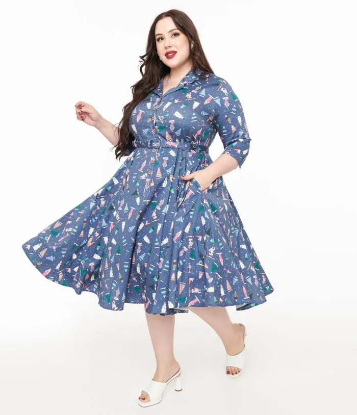 Royal Monk Plus Size 1940s Blue Ski Snow Season Fit and Flare Dress DressesPlus Unique Vintage Pocket Dresses