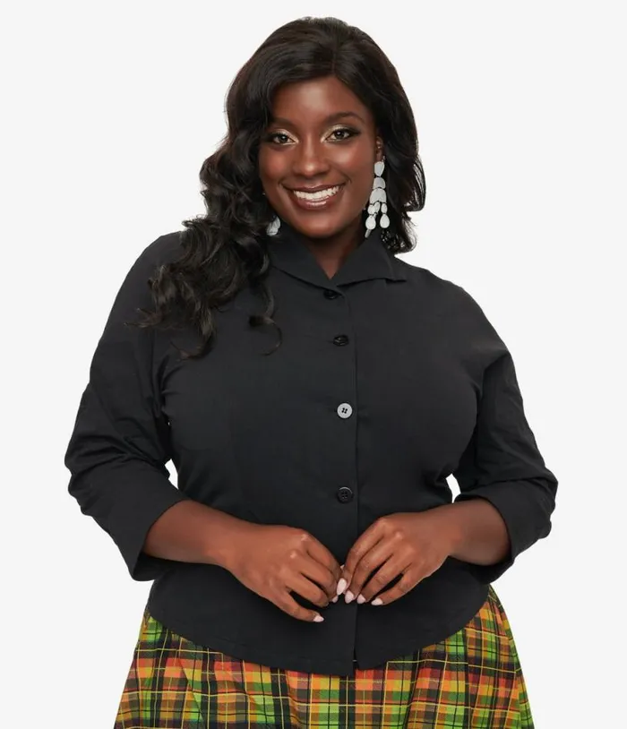 Royal Monk Plus Size 1950s Black Button Up Celia Blouse ClothingPlus Unique Vintage Blouses