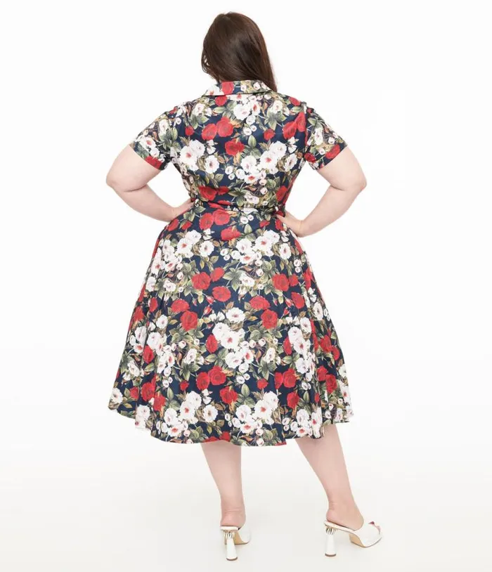 Royal Monk Plus Size 1950s Dark Rose Fit and Flare Dress DressesPlus Unique Vintage Midi