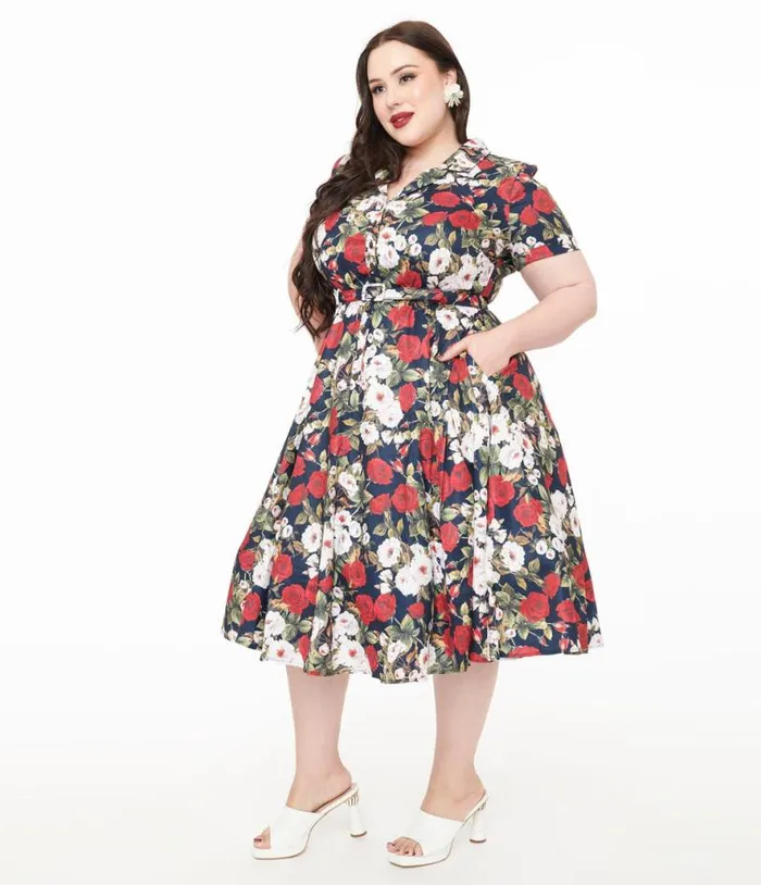 Royal Monk Plus Size 1950s Dark Rose Fit and Flare Dress DressesPlus Unique Vintage Midi