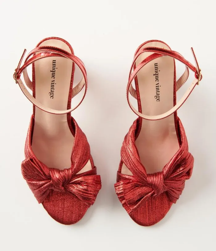 Ruby Red Slingback Bow Heel Shoes Unique Vintage Heels