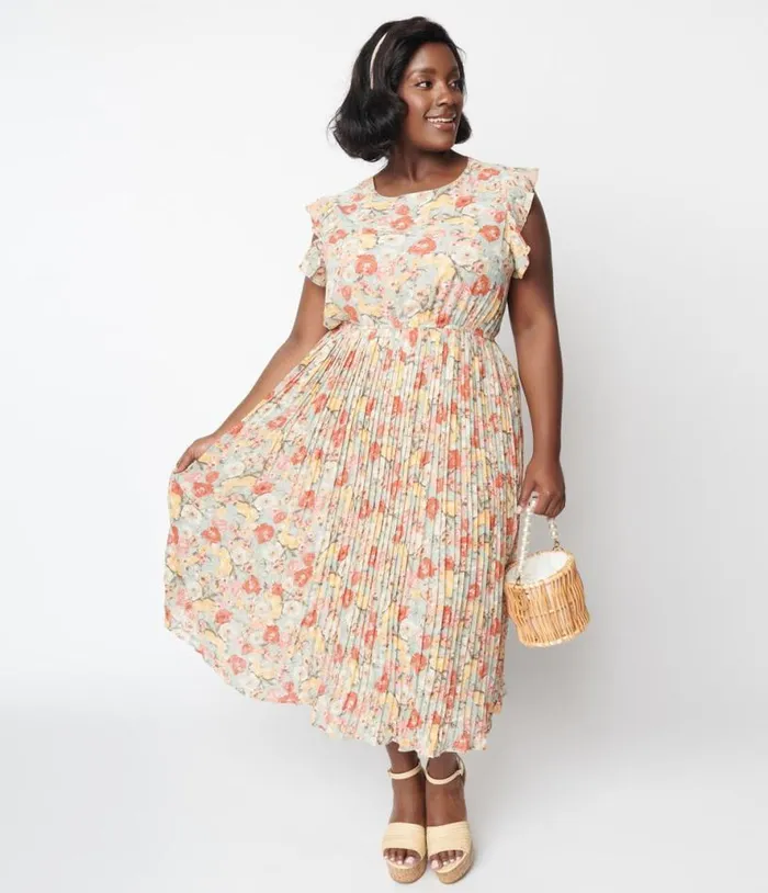 Sage Floral Pleated Midi Dress Dresses Unique Vintage Midi