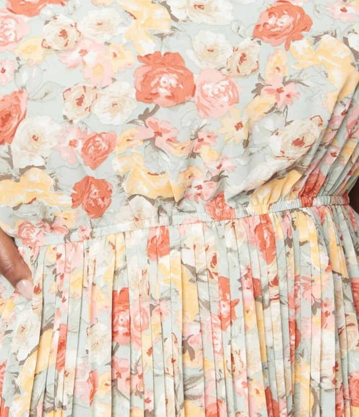 Sage Floral Pleated Midi Dress Dresses Unique Vintage Midi