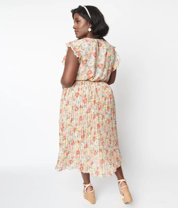 Sage Floral Pleated Midi Dress Dresses Unique Vintage Midi