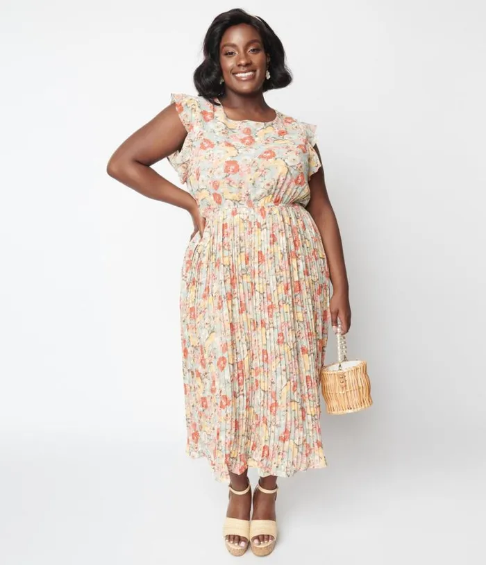 Sage Floral Pleated Midi Dress Dresses Unique Vintage Midi