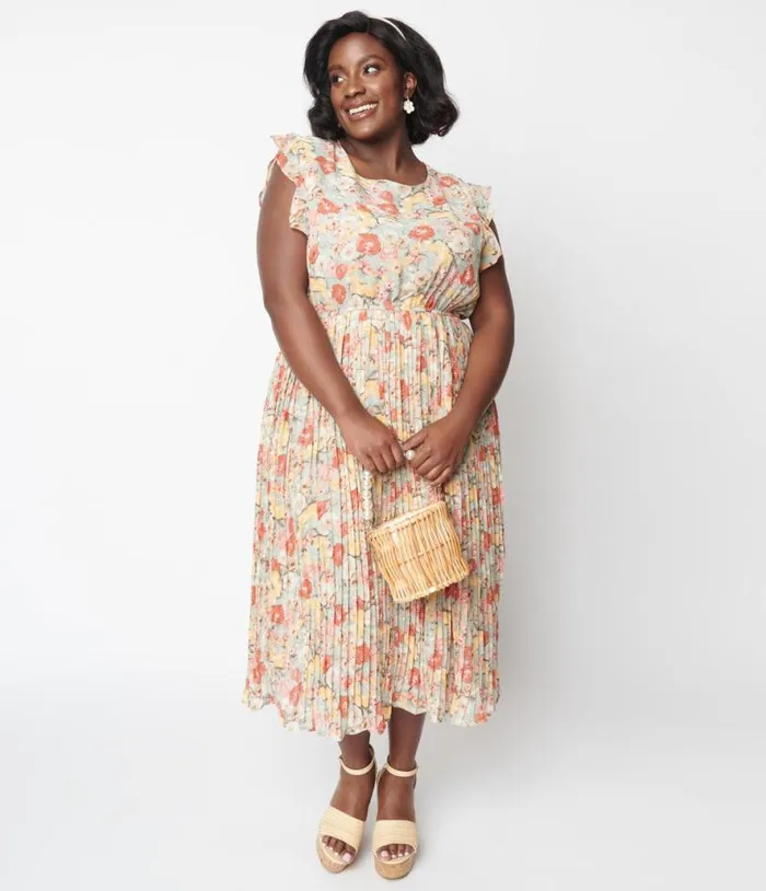 Sage Floral Pleated Midi Dress Dresses Unique Vintage Midi