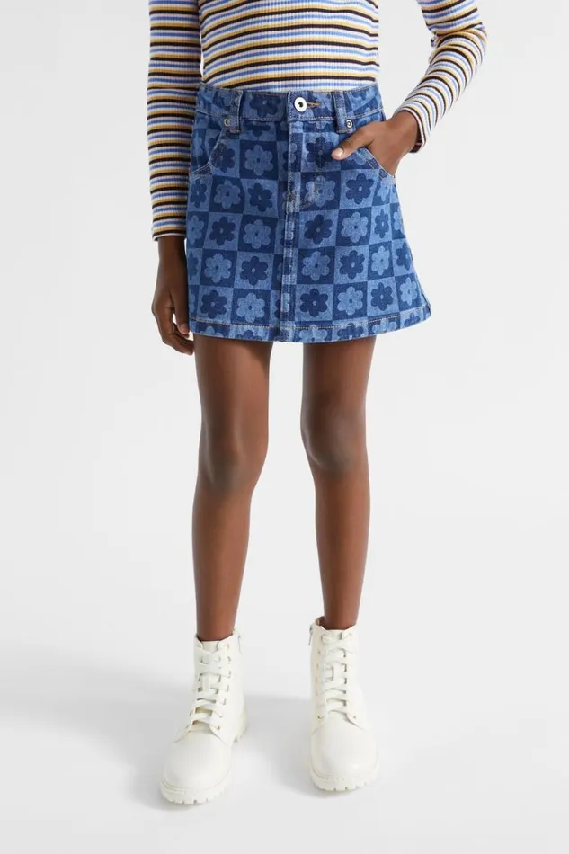 Seed Heritage Denim and Jeans Checked Denim Skirt Indigo 8211 Girl