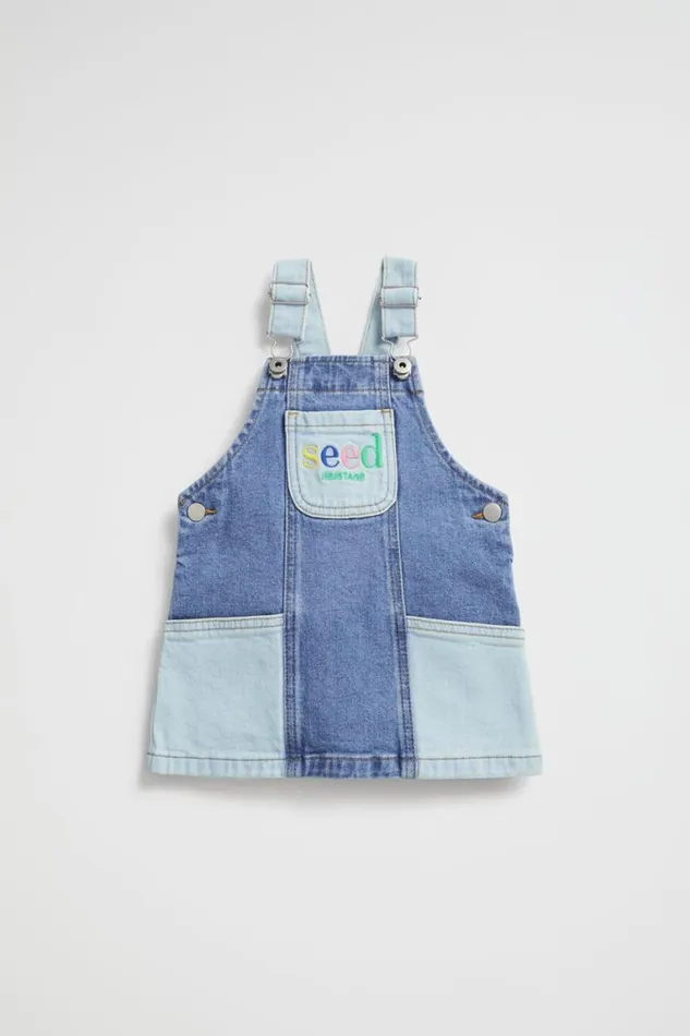 Seed Heritage Denim and Jeans Colourblock Logo Pinafore Light Wash Multi 8211 Baby