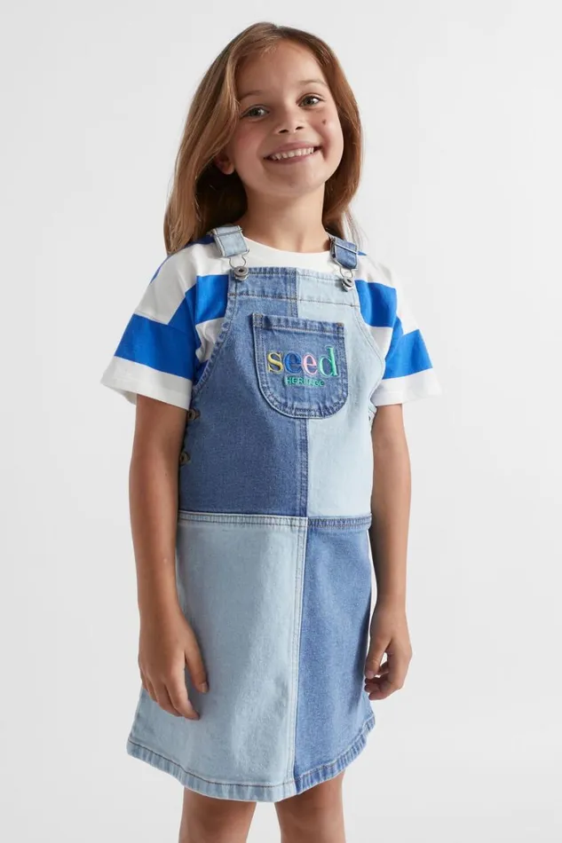 Seed Heritage Denim and Jeans Colourblock Logo Pinafore Light Wash Multi 8211 Girl