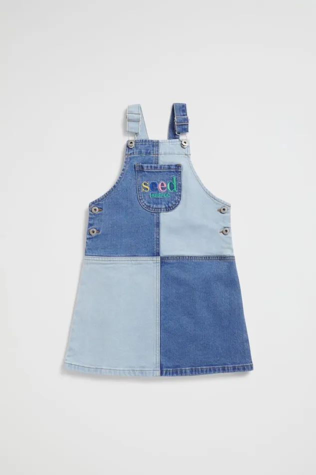 Seed Heritage Denim and Jeans Colourblock Logo Pinafore Light Wash Multi 8211 Girl