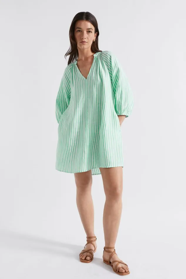 Seed Heritage Dresses Linen Blouson Sleeve Mini Dress Key Lime Stripe 8211 Woman