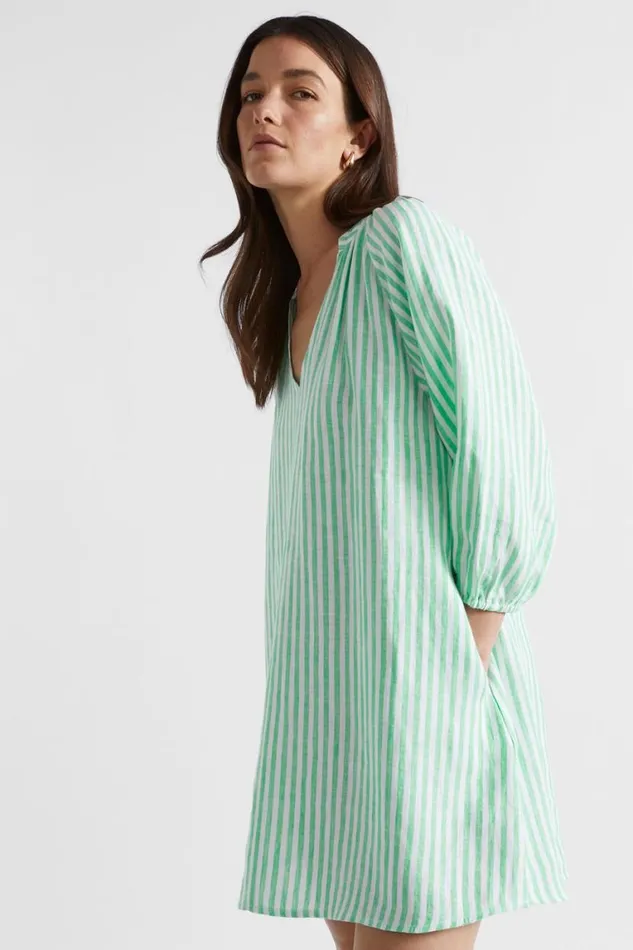 Seed Heritage Dresses Linen Blouson Sleeve Mini Dress Key Lime Stripe 8211 Woman