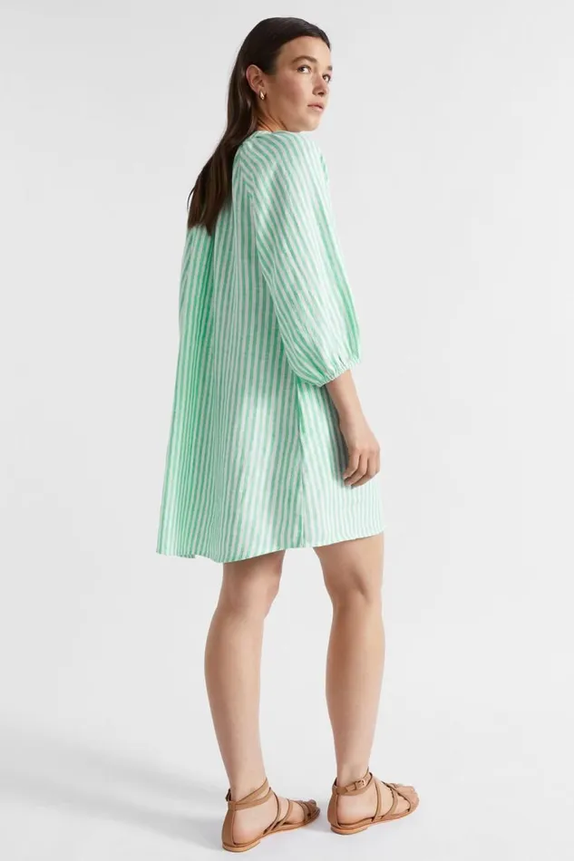Seed Heritage Dresses Linen Blouson Sleeve Mini Dress Key Lime Stripe 8211 Woman