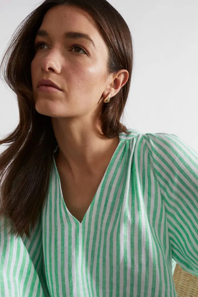 Seed Heritage Dresses Linen Blouson Sleeve Mini Dress Key Lime Stripe 8211 Woman