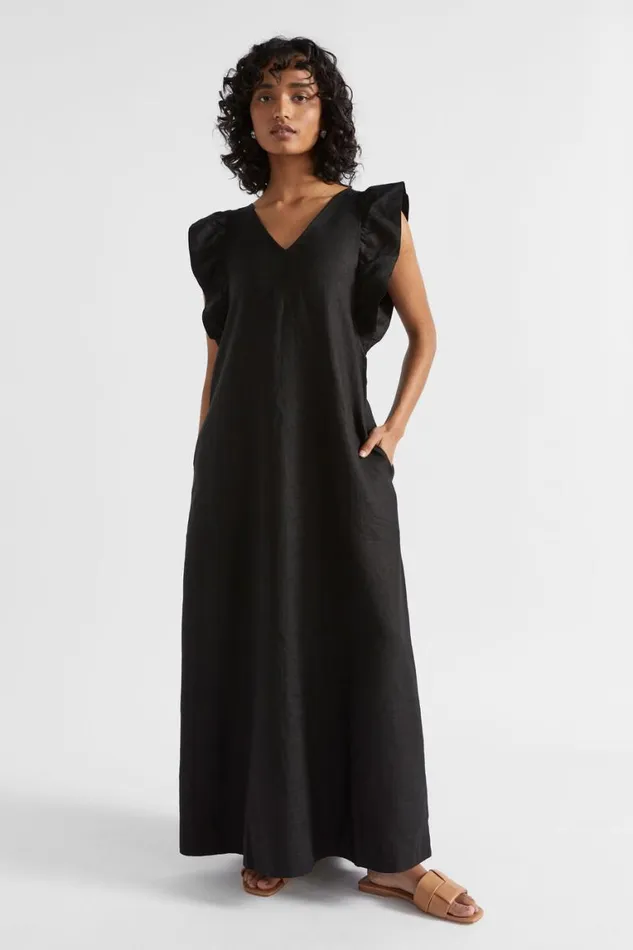 Seed Heritage Dresses Linen Frill Sleeve Column Dress Black 8211 Woman