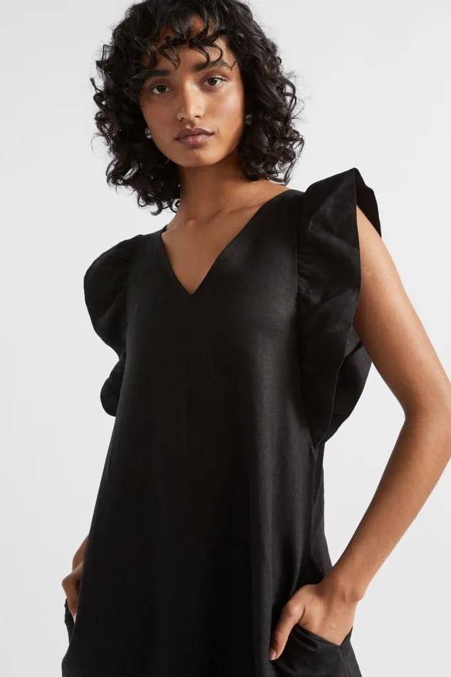 Seed Heritage Dresses Linen Frill Sleeve Column Dress Black 8211 Woman