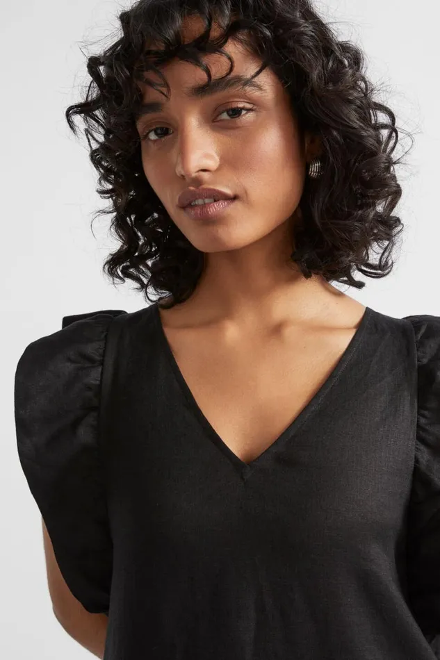 Seed Heritage Dresses Linen Frill Sleeve Column Dress Black 8211 Woman