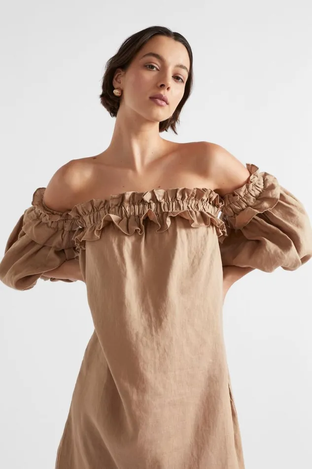 Seed Heritage Dresses Linen Ruffle Off Shoulder Dress Barley 8211 Woman