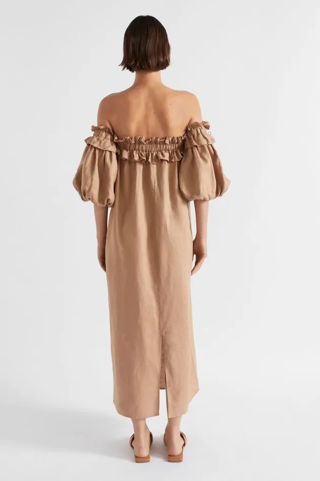 Seed Heritage Dresses Linen Ruffle Off Shoulder Dress Barley 8211 Woman
