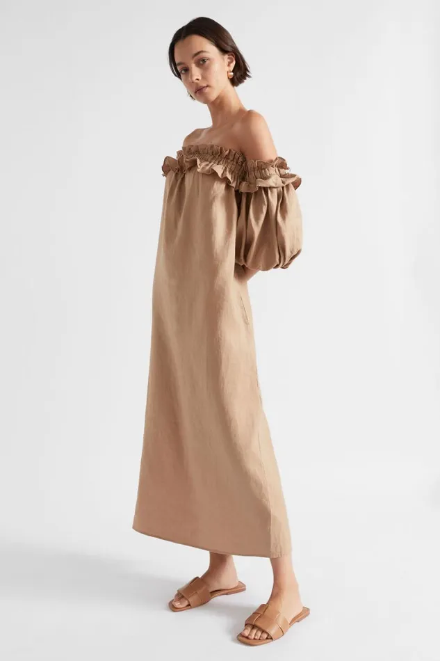 Seed Heritage Dresses Linen Ruffle Off Shoulder Dress Barley 8211 Woman