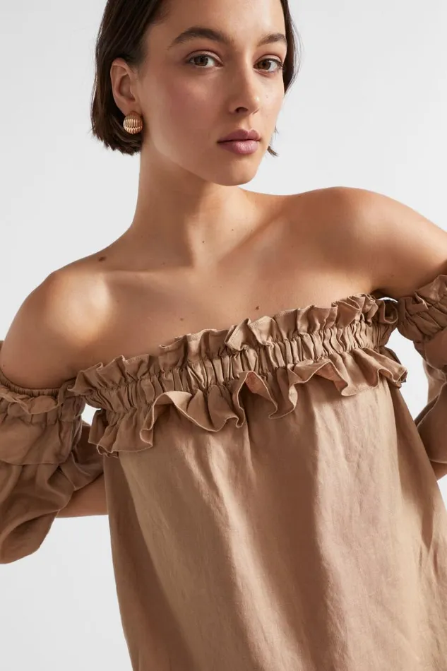 Seed Heritage Dresses Linen Ruffle Off Shoulder Dress Barley 8211 Woman