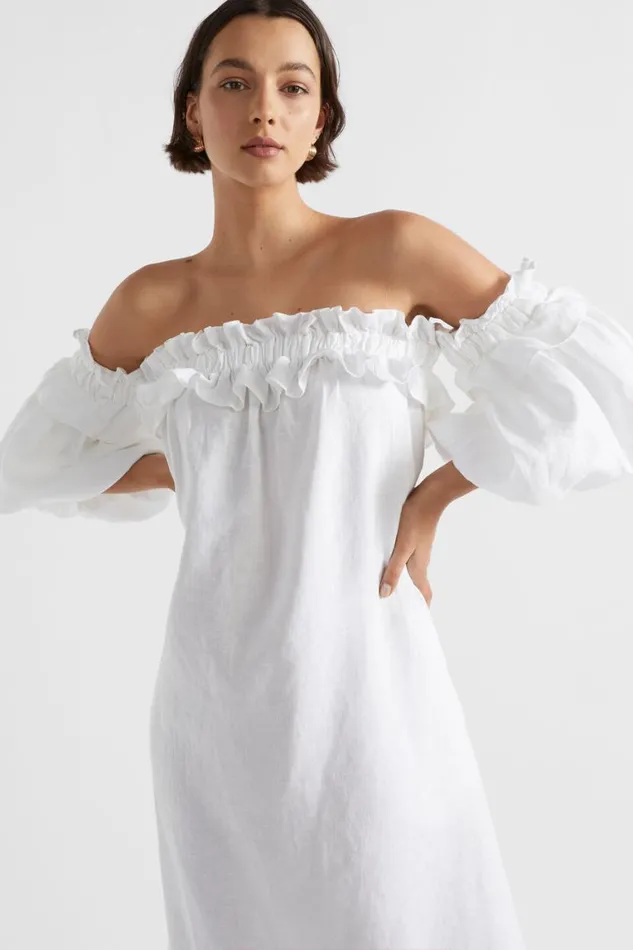Seed Heritage Dresses Linen Ruffle Off Shoulder Dress Whisper White 8211 Woman
