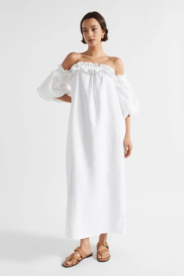 Seed Heritage Dresses Linen Ruffle Off Shoulder Dress Whisper White 8211 Woman