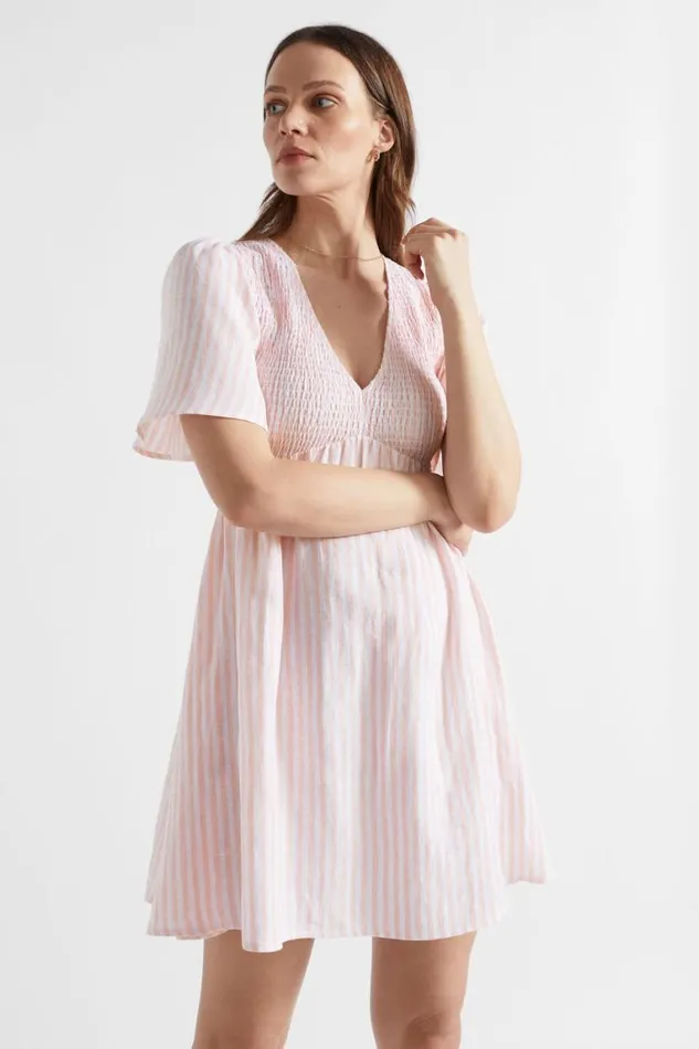 Seed Heritage Dresses Stripe Linen Mini Dress Tulip Pink Stripe 8211 Woman
