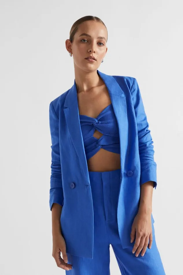Seed Heritage Jackets and Vests Linen Double Breasted Blazer Deep Ocean 8211 Woman
