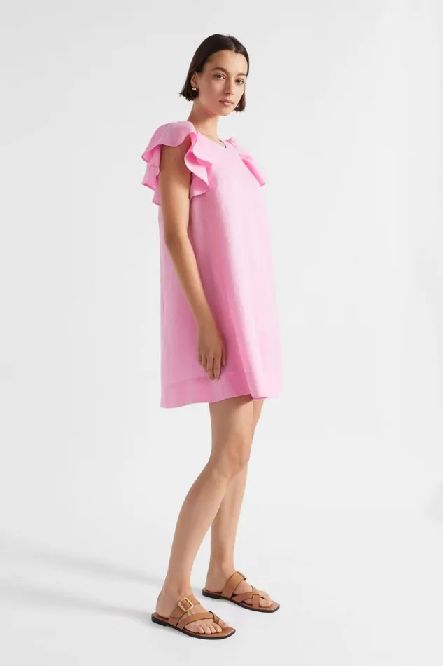 Seed Heritage Linen Core Linen Frill Sleeve Mini Dress Pink Gin 8211 Woman