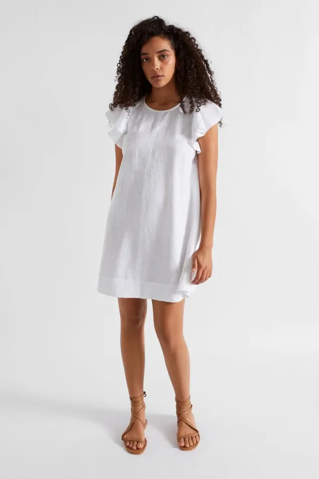 Seed Heritage Linen Core Linen Frill Sleeve Mini Dress Whisper White 8211 Woman