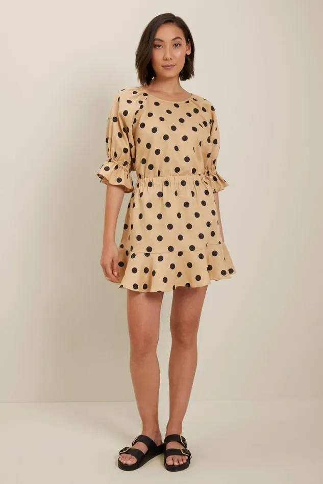 Seed Heritage Linen Spot Linen Puff Sleeve Blouse Neutral Sand Spot 8211 Woman