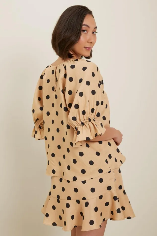 Seed Heritage Linen Spot Linen Puff Sleeve Blouse Neutral Sand Spot 8211 Woman