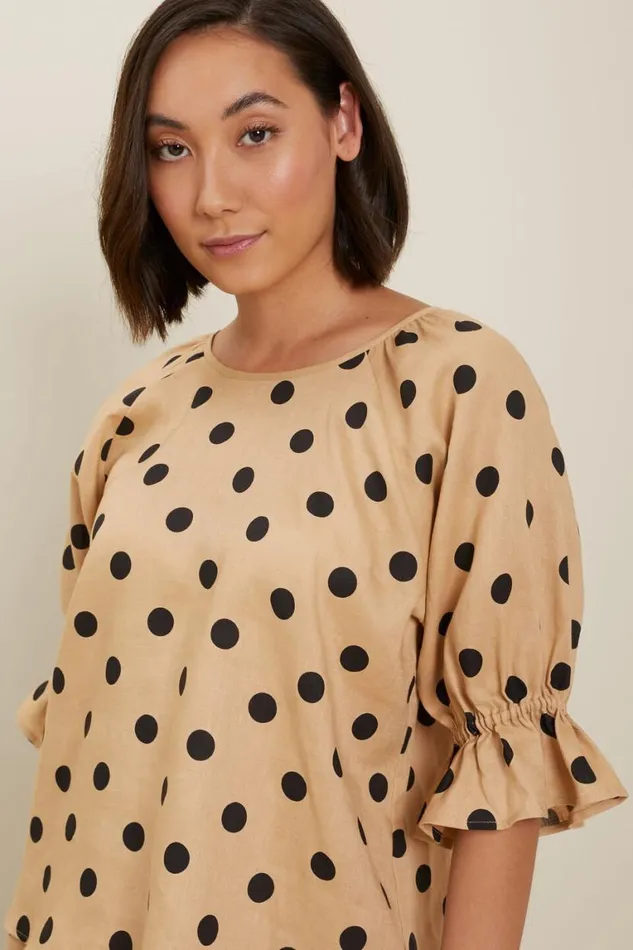 Seed Heritage Linen Spot Linen Puff Sleeve Blouse Neutral Sand Spot 8211 Woman